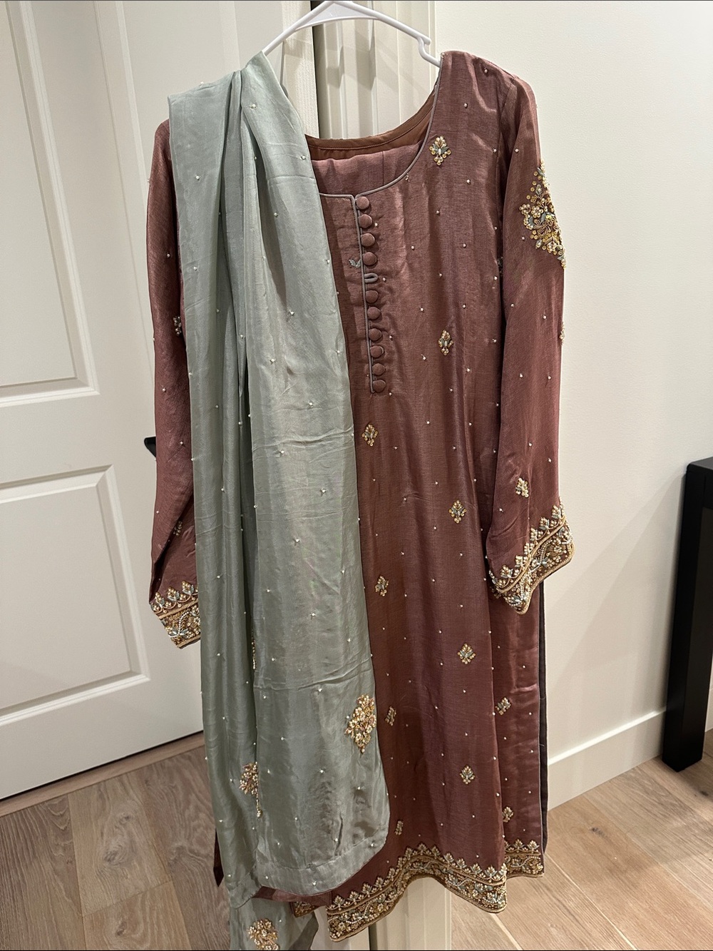 handworked Formal Dress in Mauve and sage green